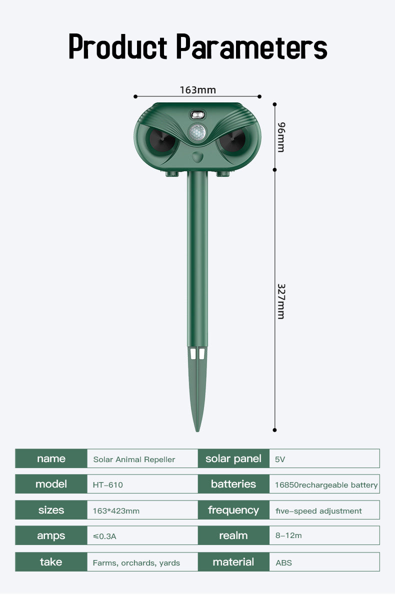 Green Advanced Solar Powered Ultrasonic Animal Repeller - Outdoor Pest Deterrent with Motion Sensor, Strobe Light & Laser