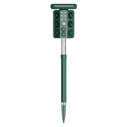 Green Solar Powered Ultrasonic Animal Repeller - Multi-Frequency Pest Deterrent with Motion Sensor, LED Strobe & Illumination Light