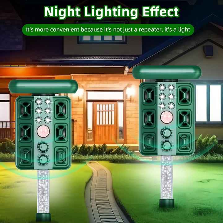 Green Solar Powered Ultrasonic Animal Repeller - Multi-Frequency Pest Deterrent with Motion Sensor, LED Strobe & Illumination Light
