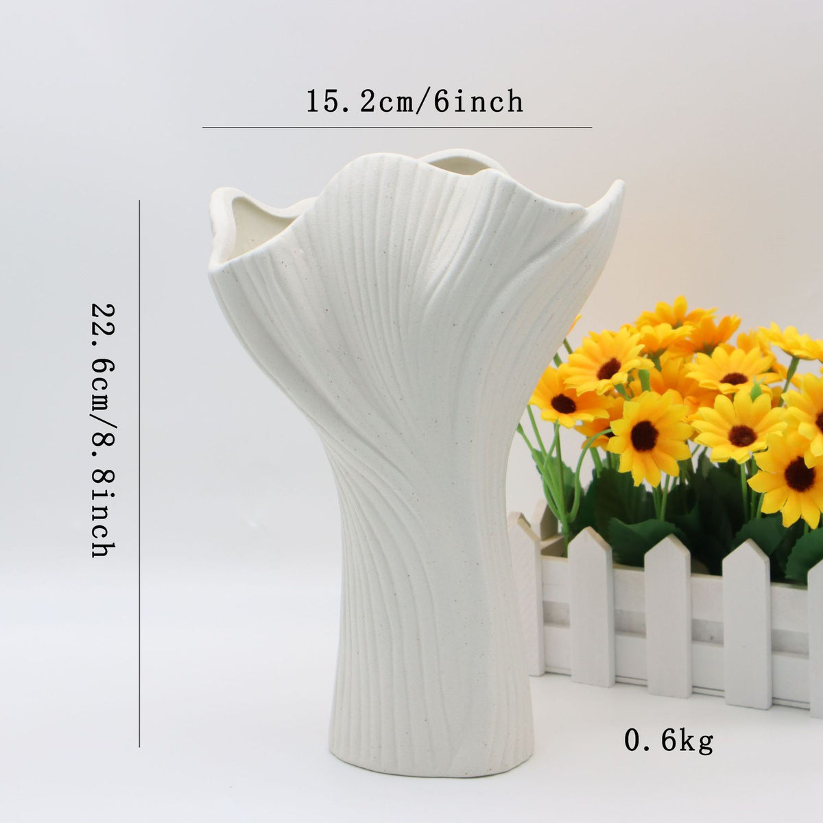 White Elegant Off-White Ceramic Vase - Modern Sculptural Flower Holder with Wide Fluted Opening