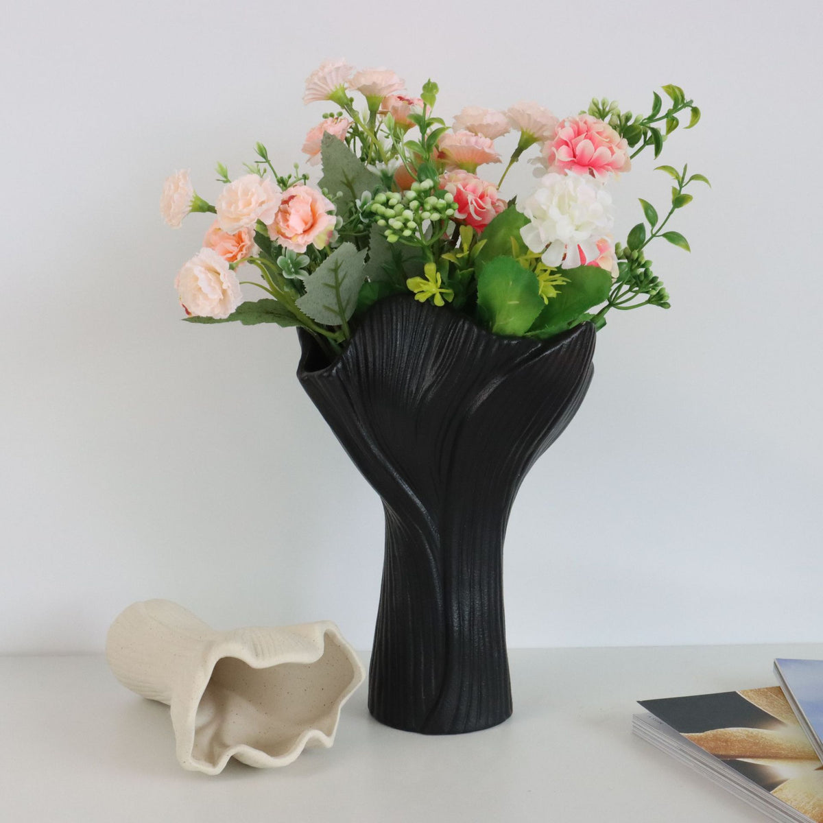 White Elegant Off-White Ceramic Vase - Modern Sculptural Flower Holder with Wide Fluted Opening