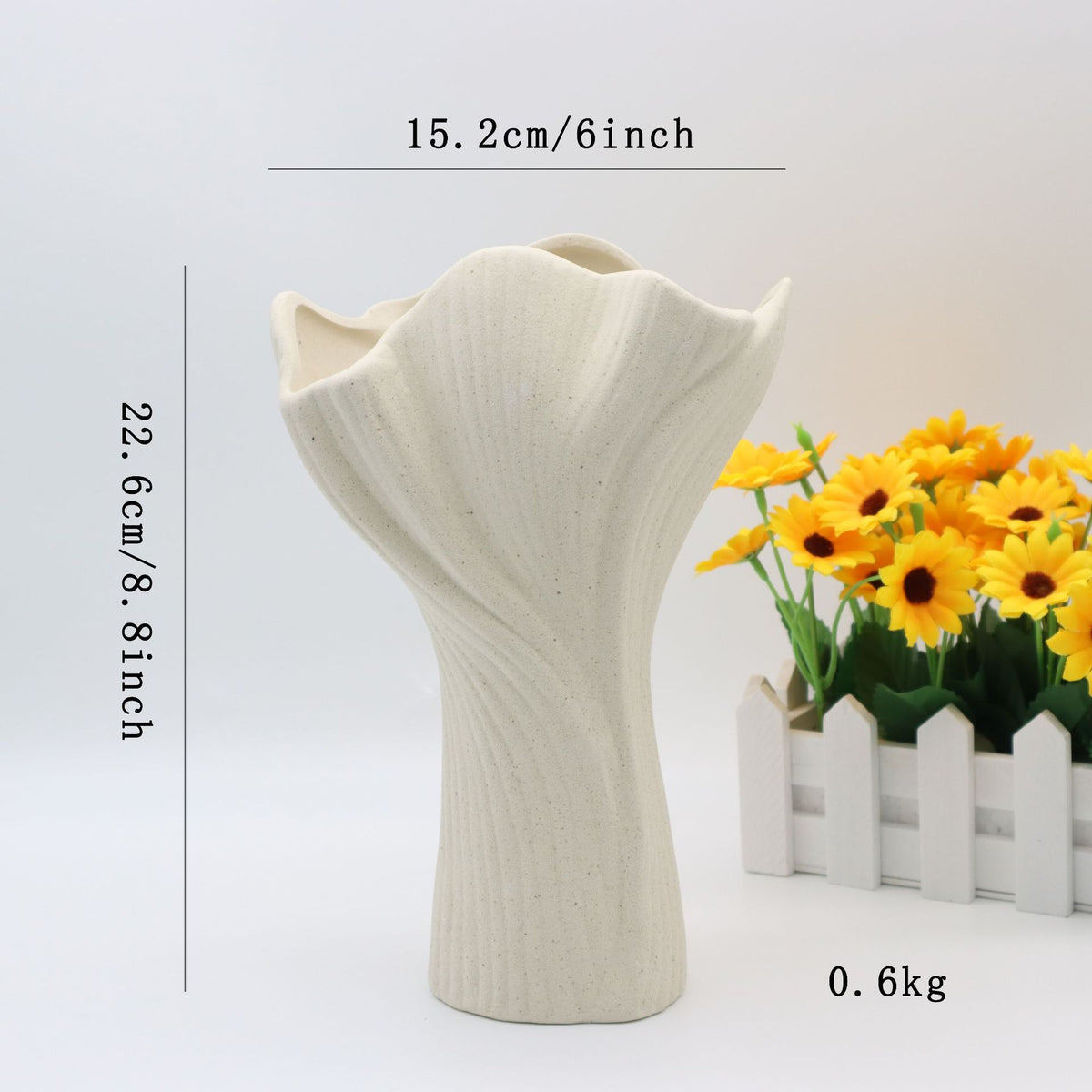 Beige Elegant Off-White Ceramic Vase - Modern Sculptural Flower Holder with Wide Fluted Opening