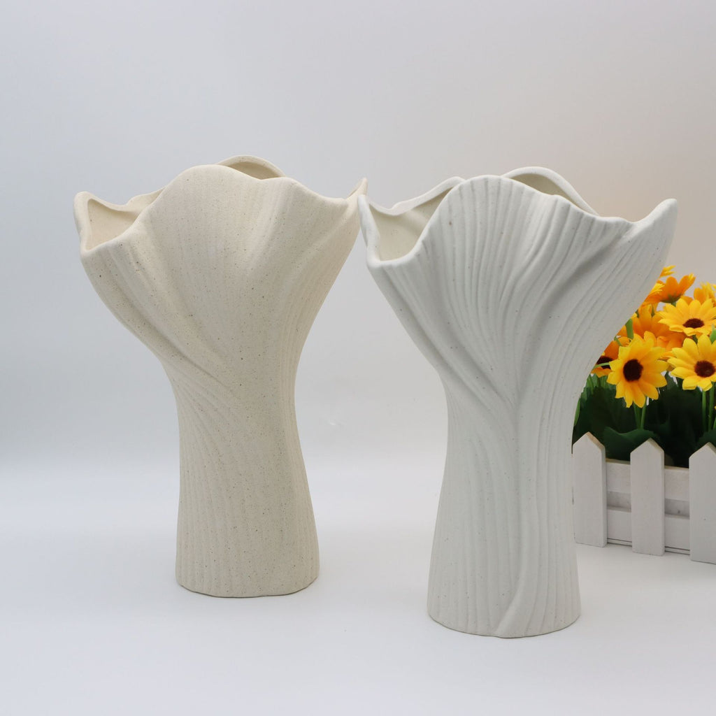 Beige Elegant Off-White Ceramic Vase - Modern Sculptural Flower Holder with Wide Fluted Opening