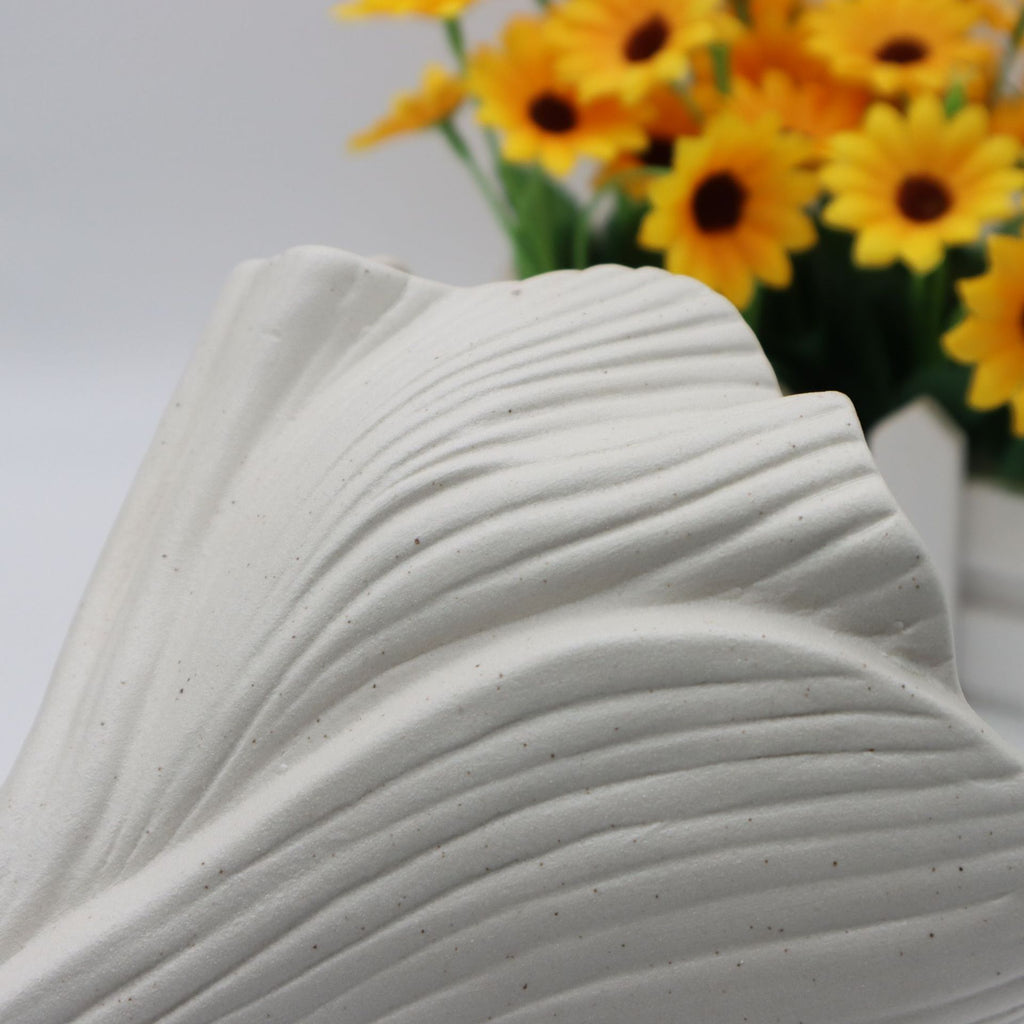Beige Elegant Off-White Ceramic Vase - Modern Sculptural Flower Holder with Wide Fluted Opening