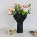 Black Elegant Off-White Ceramic Vase - Modern Sculptural Flower Holder with Wide Fluted Opening