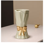 Beige Elegant Ceramic Vase with Golden Bow Accent - Textured Relief Flower Holder for Living Room & Dining Table Decor