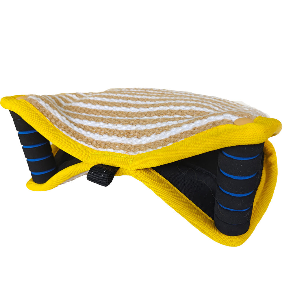 Yellow and Khaki Heavy Duty Jute Dog Bite Pillow - Professional Training Tug Toy with 3 Handles for Schutzhund, K9, Agility & Bite Work