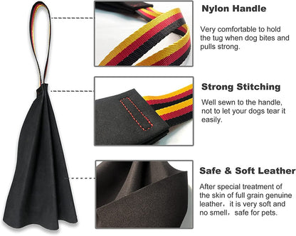 Brown Premium Full-Grain Leather Dog Training Tug - Interactive Bite Rag with Strong Loop Handle for Play & Drive Building