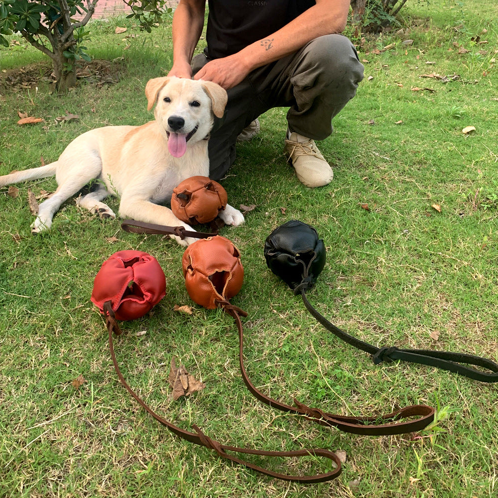 Brown Durable Leather Dog Training Ball with Loop Handle - Interactive Bite & Tug Toy for Playful Pups
