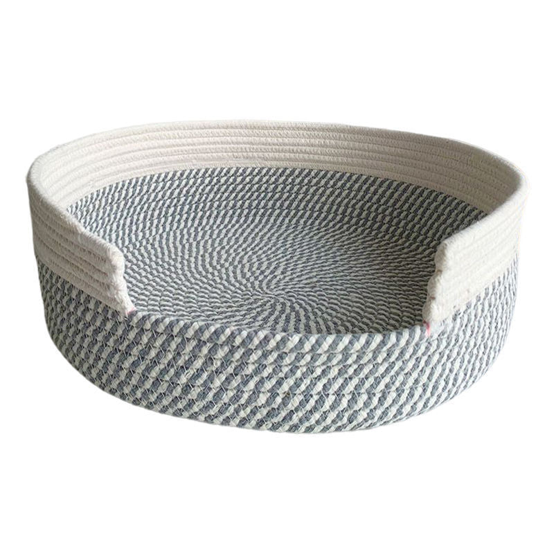 Grey and White Chic Two-Tone Woven Cotton Rope Cat Bed - Cozy Handmade Pet Nest & Storage Basket