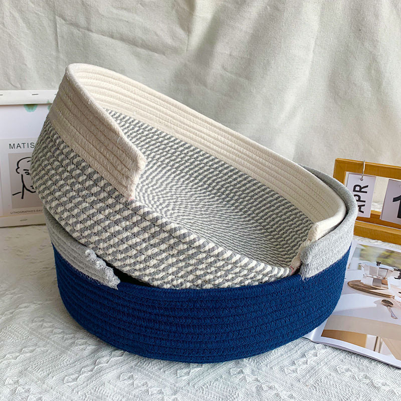 Grey and White Chic Two-Tone Woven Cotton Rope Cat Bed - Cozy Handmade Pet Nest & Storage Basket