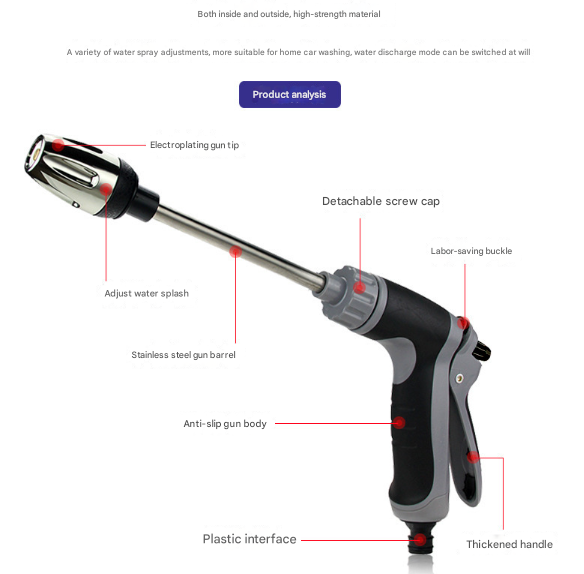 Black and Grey Heavy Duty Long Wand Garden Hose Nozzle - High Pressure Water Spray Gun with Adjustable Patterns for Car Wash, Plants & Cleaning