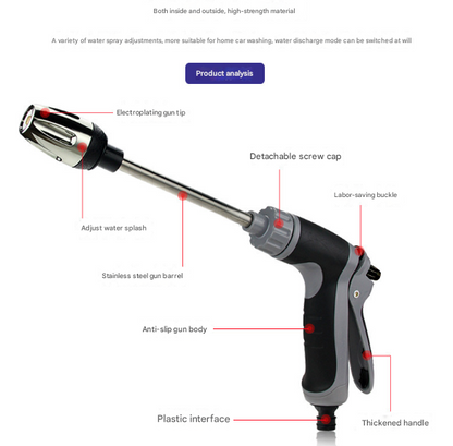 Black and Grey Heavy Duty Long Wand Garden Hose Nozzle - High Pressure Water Spray Gun with Adjustable Patterns for Car Wash, Plants & Cleaning