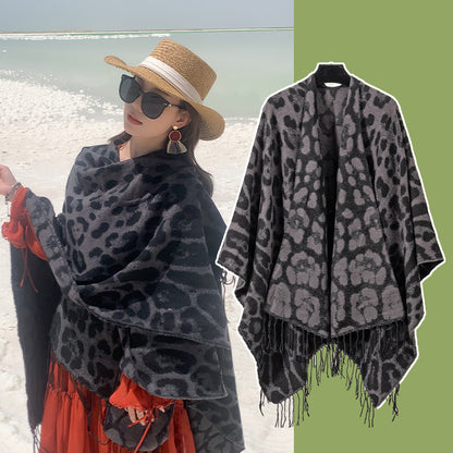 Black-grey Bold Leopard Print Poncho Cape - Women's Warm Oversized Shawl Wrap (130x150cm)
