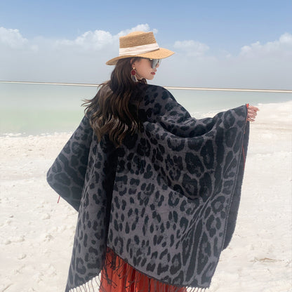 Black-grey Bold Leopard Print Poncho Cape - Women's Warm Oversized Shawl Wrap (130x150cm)