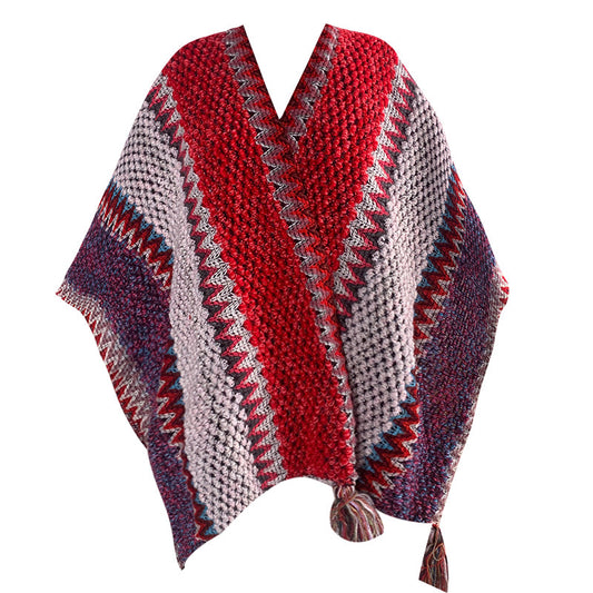 Red Cozy Knitted Poncho Cape - Thick Mohair Blend Winter Shawl Wrap (106x135cm)
