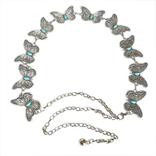 Turquoise Butterfly Belt Chain-Silver Set of 4 Bohemian Ethnic Style Metal Waist Chains - Versatile Fashion Belts for Dresses & Shirts