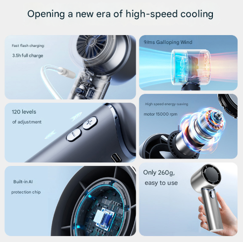 Blue Mini Bladeless Handheld Fan - USB Rechargeable, Quiet Portable Desk Fan