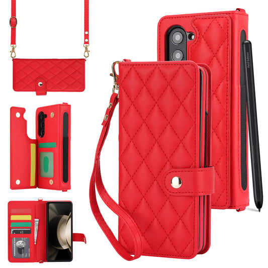 Galaxy Z Fold4 Multi-Functional Leather Wallet Case for Samsung Z Fold Series - Crossbody with Pen Slot, Quilted Design Pen Not Included