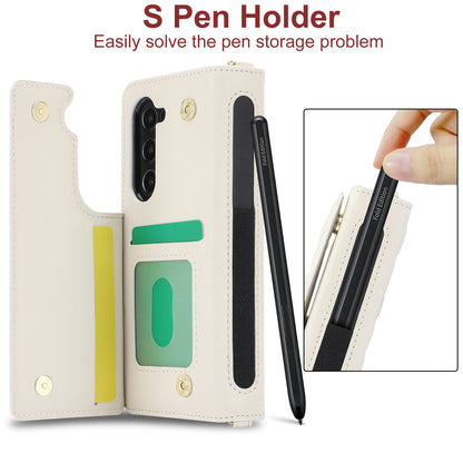 Galaxy Z Fold4 Multi-Functional Leather Wallet Case for Samsung Z Fold Series - Crossbody with Pen Slot, Quilted Design Pen Not Included