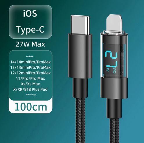 1 Meter IOS To Type-C 4-Piece Set 1m 100W Super Fast Charge Transparent Aluminum Shell Digital Display Data Cable - IOS Type-C Fast Charge Cable