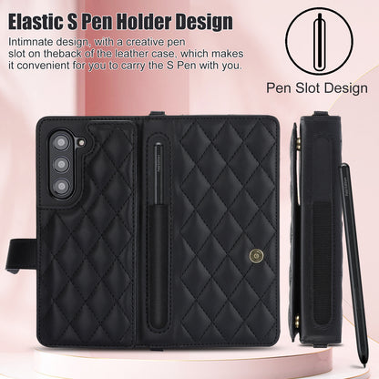 Purple Galaxy Z Fold4 Multi-Functional Leather Wallet Case for Samsung Z Fold Series - Crossbody with Pen Slot, Quilted Design Pen Not Included
