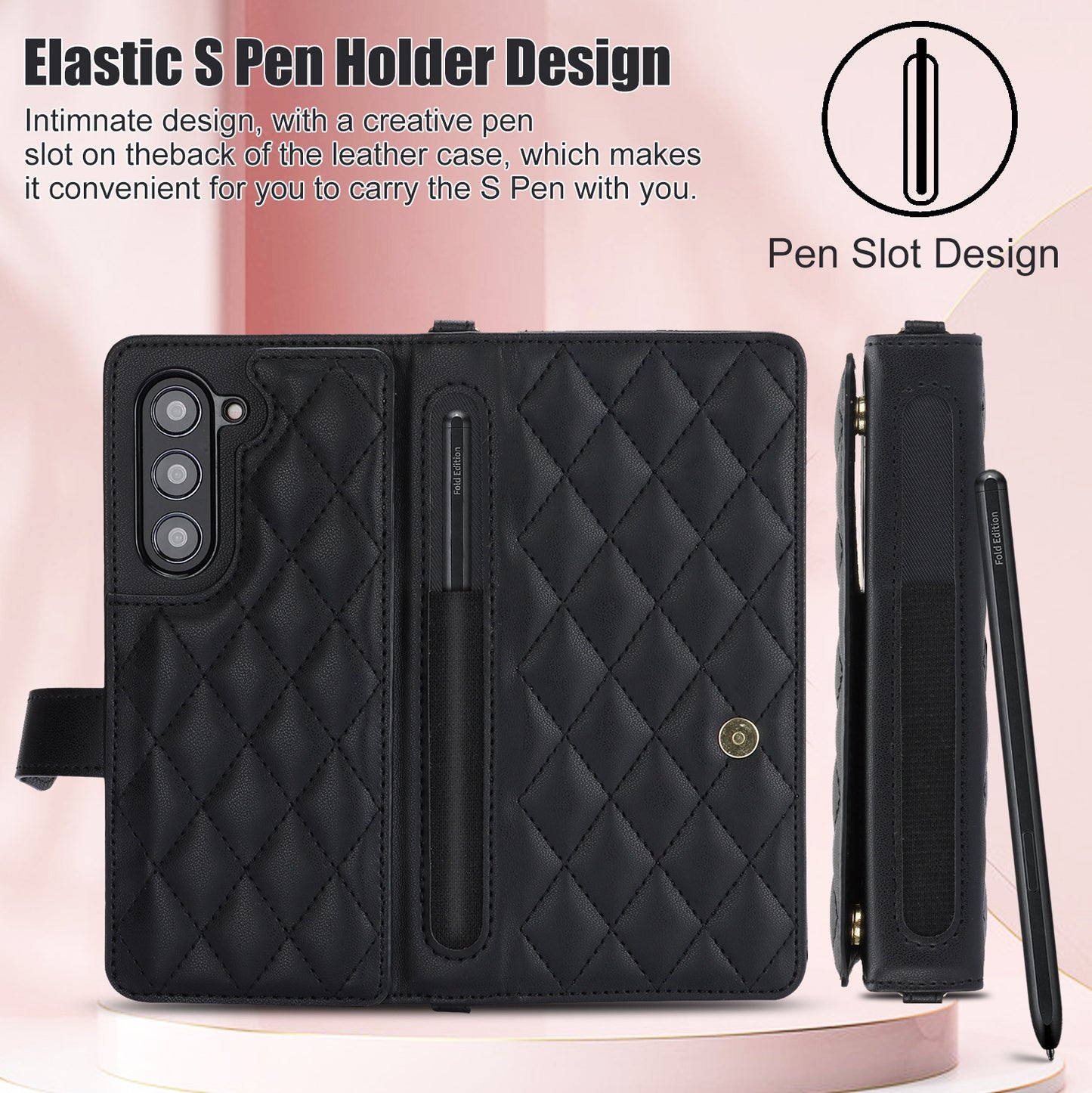 Purple Galaxy Z Fold6 Multi-Functional Leather Wallet Case for Samsung Z Fold Series - Crossbody with Pen Slot, Quilted Design Pen Not Included