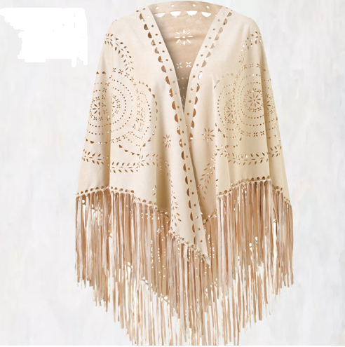 Beige Suede Wheat Tassel Triangle Scarf - Autumn Warm Shawl for Women, Hollow-Out Fringe Design