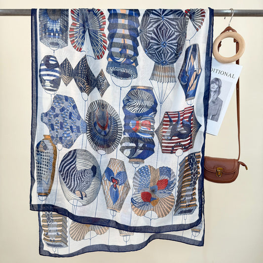 2-Piece Blue Border Retro Lantern Print Scarf - Fashionable Niche Design for Women