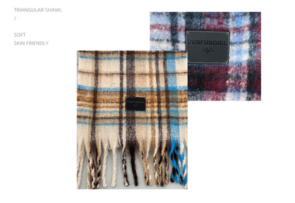 Purple-pink Plaid Color-Block Women's Scarf - Autumn/Winter Thick Warm Neck Wrap with Tassels