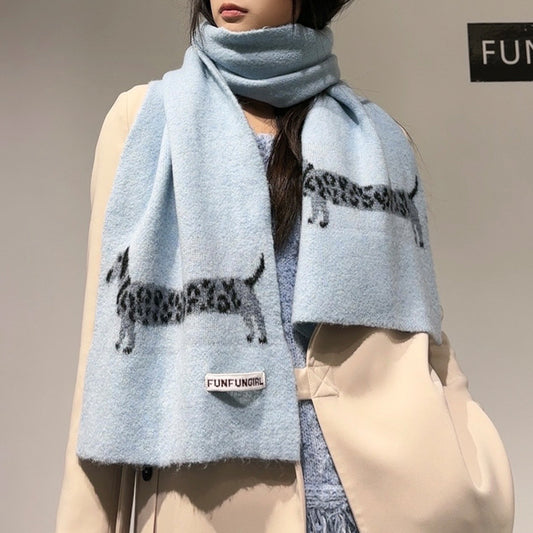 Blue Cute Korean-Style Wool Scarf with Dog Design - Unisex Knitted Winter Neck Wrap