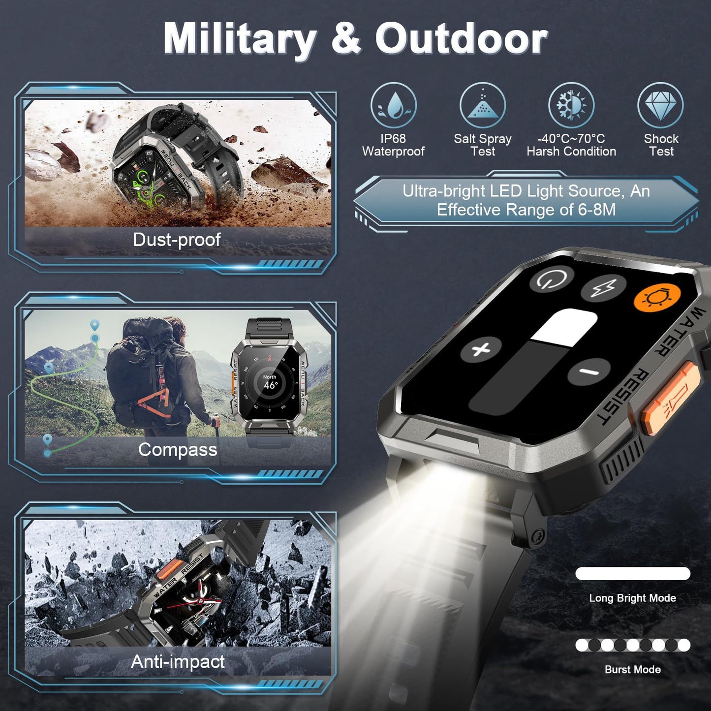 Men's Outdoor Smartwatch with Bluetooth Calling and Flashlight