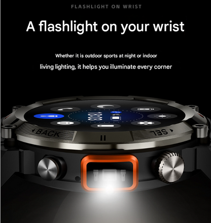 Black Outdoor Smartwatch with 1.45-Inch HD Round Screen and Flashlight