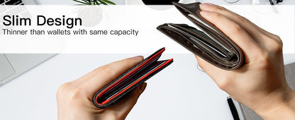 Men's Slim Leather Bifold Wallet - RFID Blocking, 11 Card Slots, ID Window(Twill black and red)