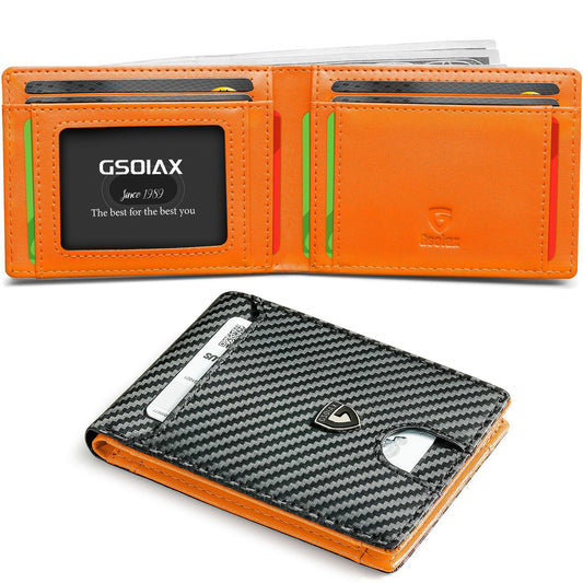 Men's Slim Leather Bifold Wallet - RFID Blocking, 11 Card Slots, ID Window(Carbon Orange Twill)