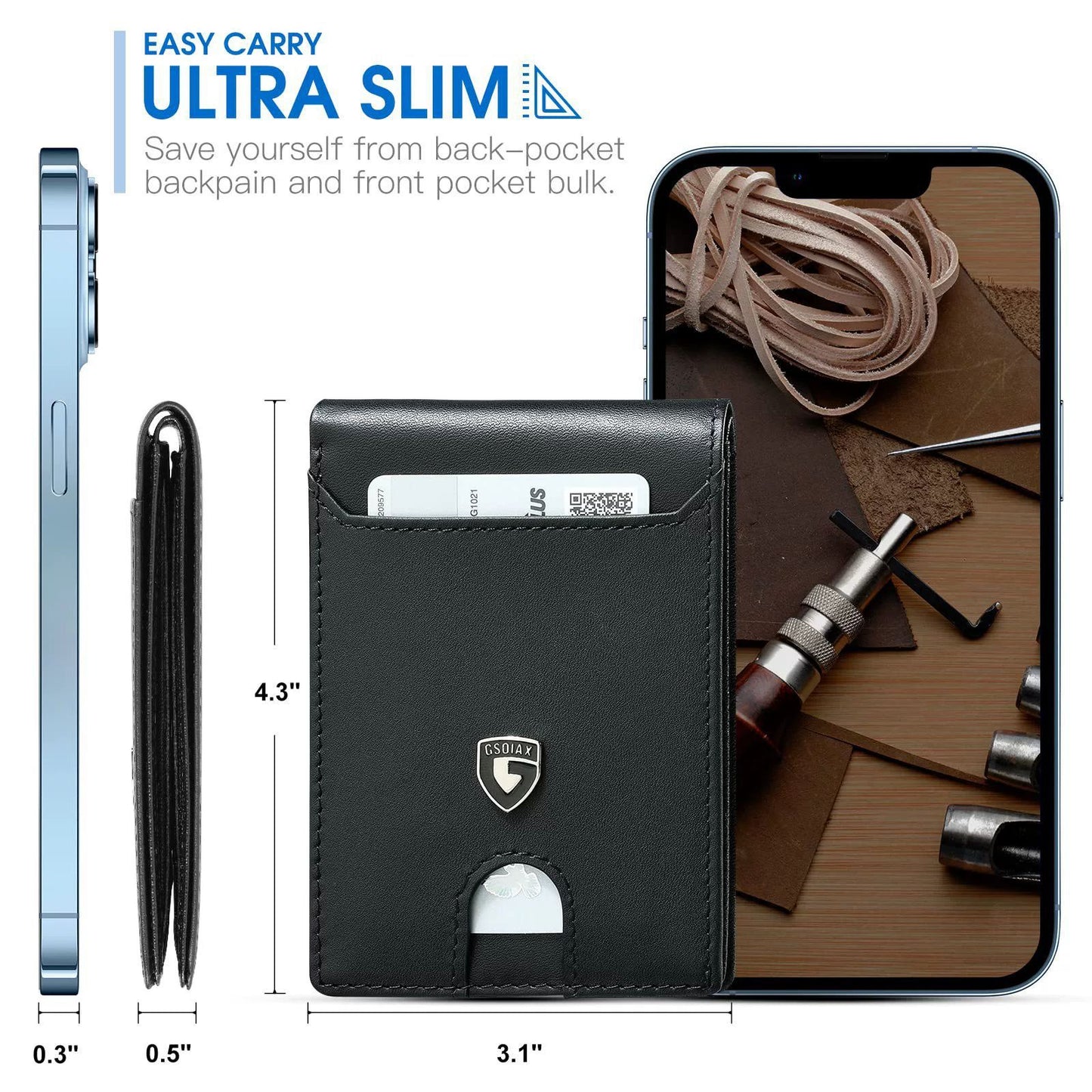 Men's Slim Leather Bifold Wallet - RFID Blocking, 11 Card Slots, ID Window(Carbon Orange Twill)