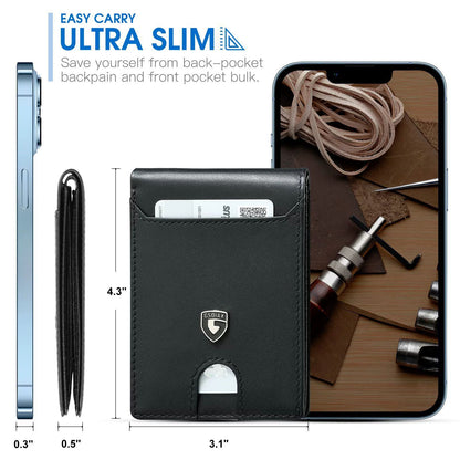 Men's Slim Leather Bifold Wallet - RFID Blocking, 11 Card Slots, ID Window(Carbon Orange Twill)