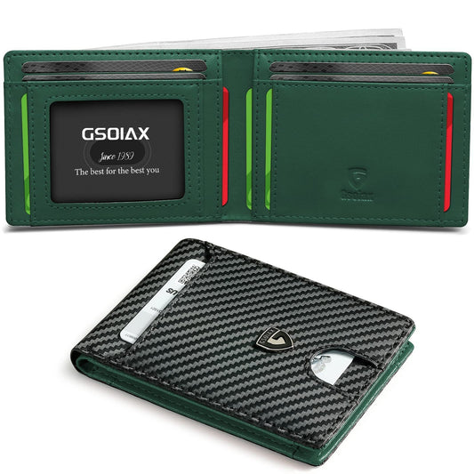 Men's Slim Leather Bifold Wallet - RFID Blocking, 11 Card Slots, ID Window(Carbon Green)