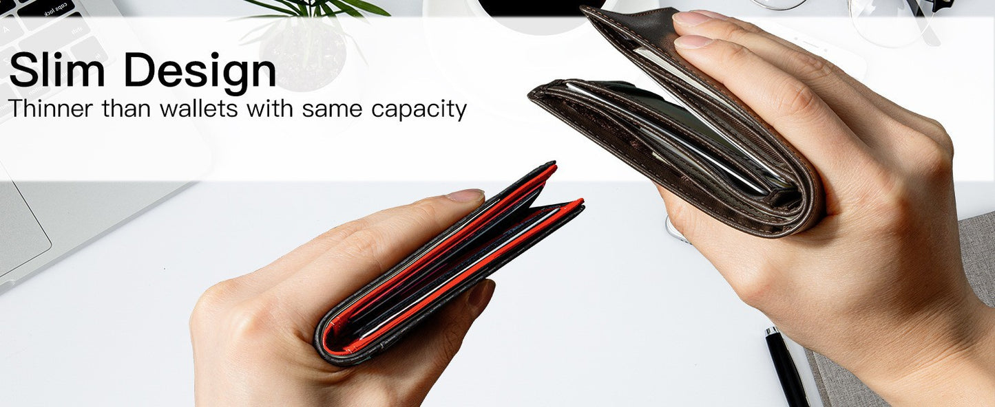 Men's Slim Leather Bifold Wallet - RFID Blocking, 11 Card Slots, ID Window(Carbon Green)