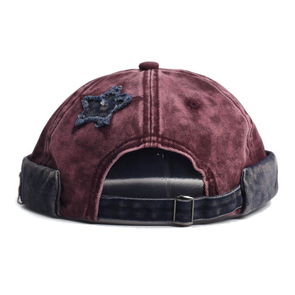 Vintage Washed Cotton Docker Cap - Unisex Brimless Beanie Hat with Star Patch(Black)