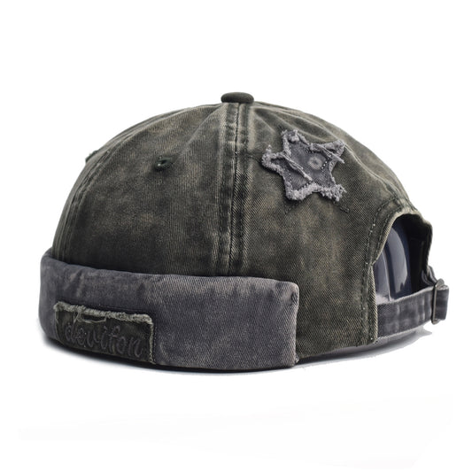 Vintage Washed Cotton Docker Cap - Unisex Brimless Beanie Hat with Star Patch(Green)