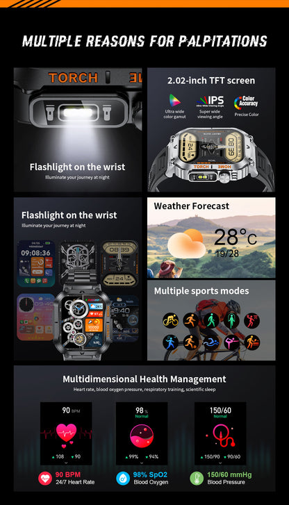 Smartwatch with Flashlight, Compass & Wireless Calling - Health & Fitness Tracker(Black silicone with silver case)