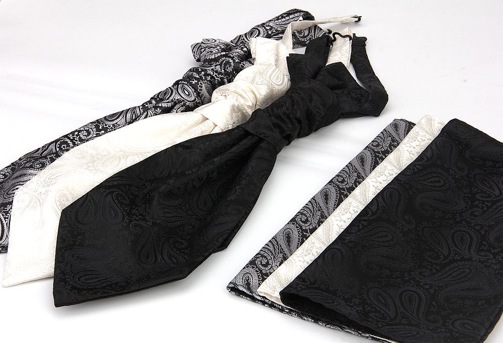 Men's Formal Paisley Ascot Cravat & Pocket Square Set - Adjustable Necktie for Weddings(Ivory White)