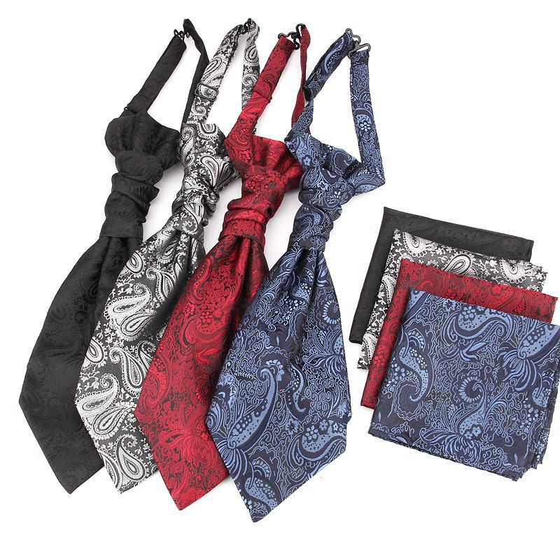 Men's Formal Paisley Ascot Cravat & Pocket Square Set - Adjustable Necktie for Weddings(Taupe pattern)