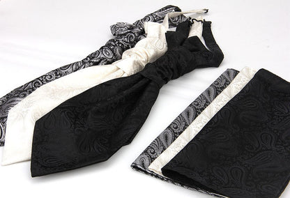 Men's Formal Paisley Ascot Cravat & Pocket Square Set - Adjustable Necktie for Weddings(Taupe pattern)