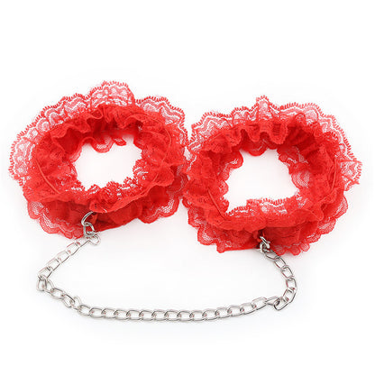 7-Piece Lace & Feather Playful Lingerie Accessory Set - Cuffs, G-String, Tickler &Nipple stickers(red)
