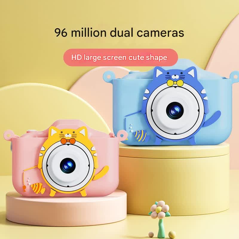 Digital Camera with Cute Cat Silicone Case - Dual Lens, 96MP, HD Screen & Music Playback(blue)