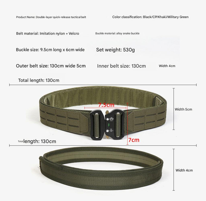Dual Layer Quick Release Tactical Belt - Attachment System, Alloy Cobra Buckle, Adjustable Nylon(Khaki)