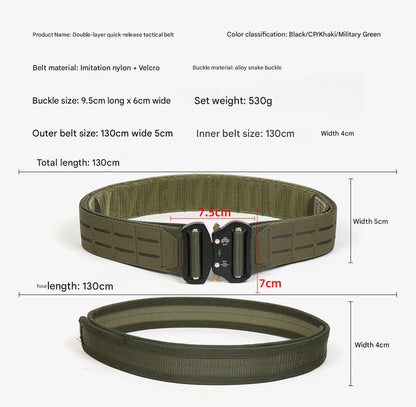 Dual Layer Quick Release Tactical Belt - Attachment System, Alloy Cobra Buckle, Adjustable Nylon(Khaki)