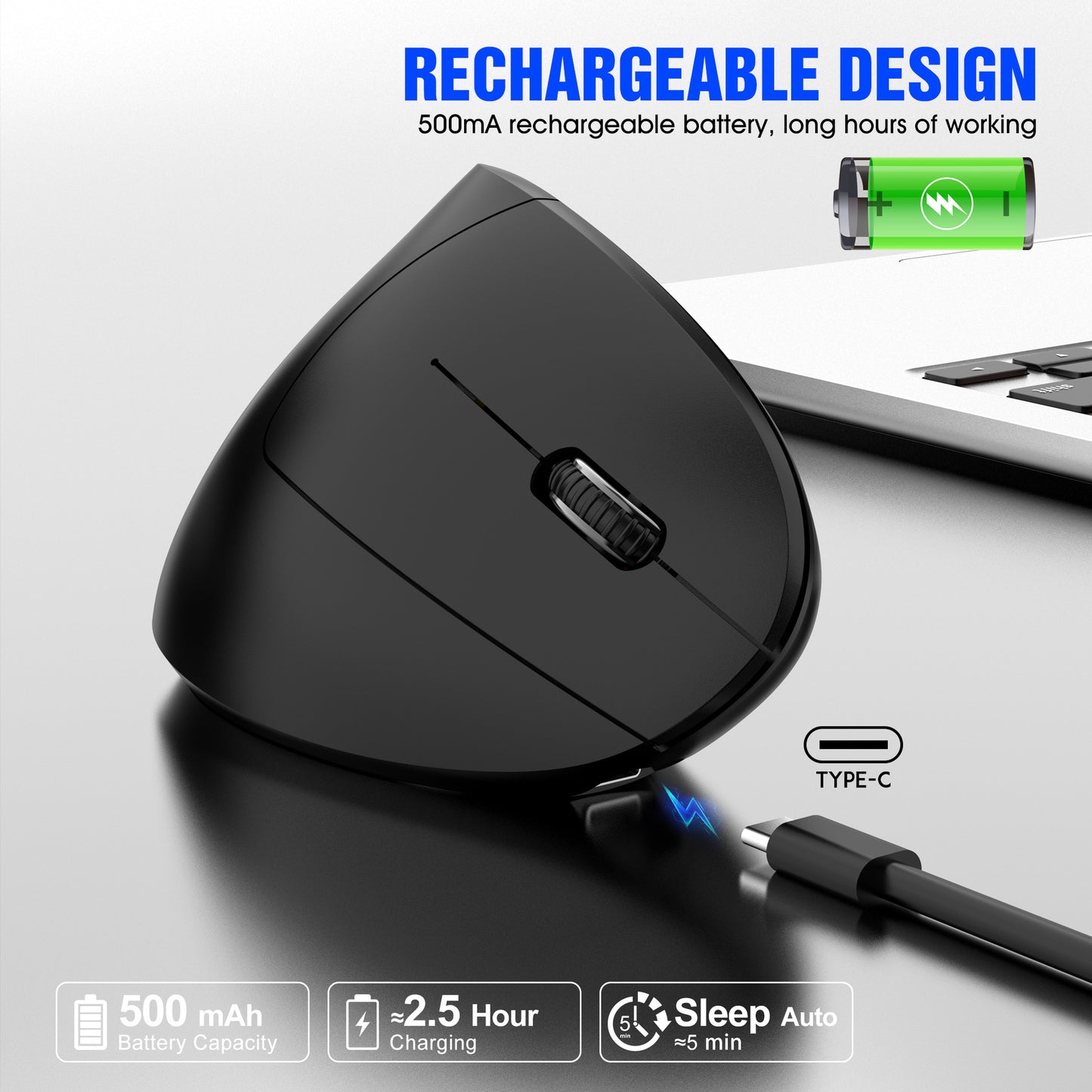 Ergonomic Vertical Wireless Mouse - 2.4G/Bluetooth, Rechargeable, RGB Light, 4 DPI Levels(grey)